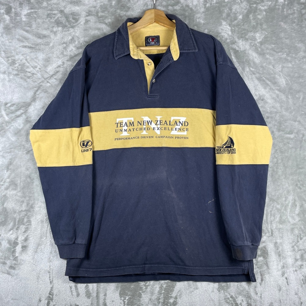Vintage Line 7 Rugby Shirt Mens L Navy Yellow Team New Zealand Americas Cup 2000